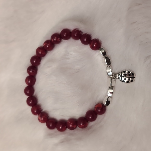 Red Beaded Bracelet with Silver Toned Ladybug Bead Focus - Picture 5 of 7